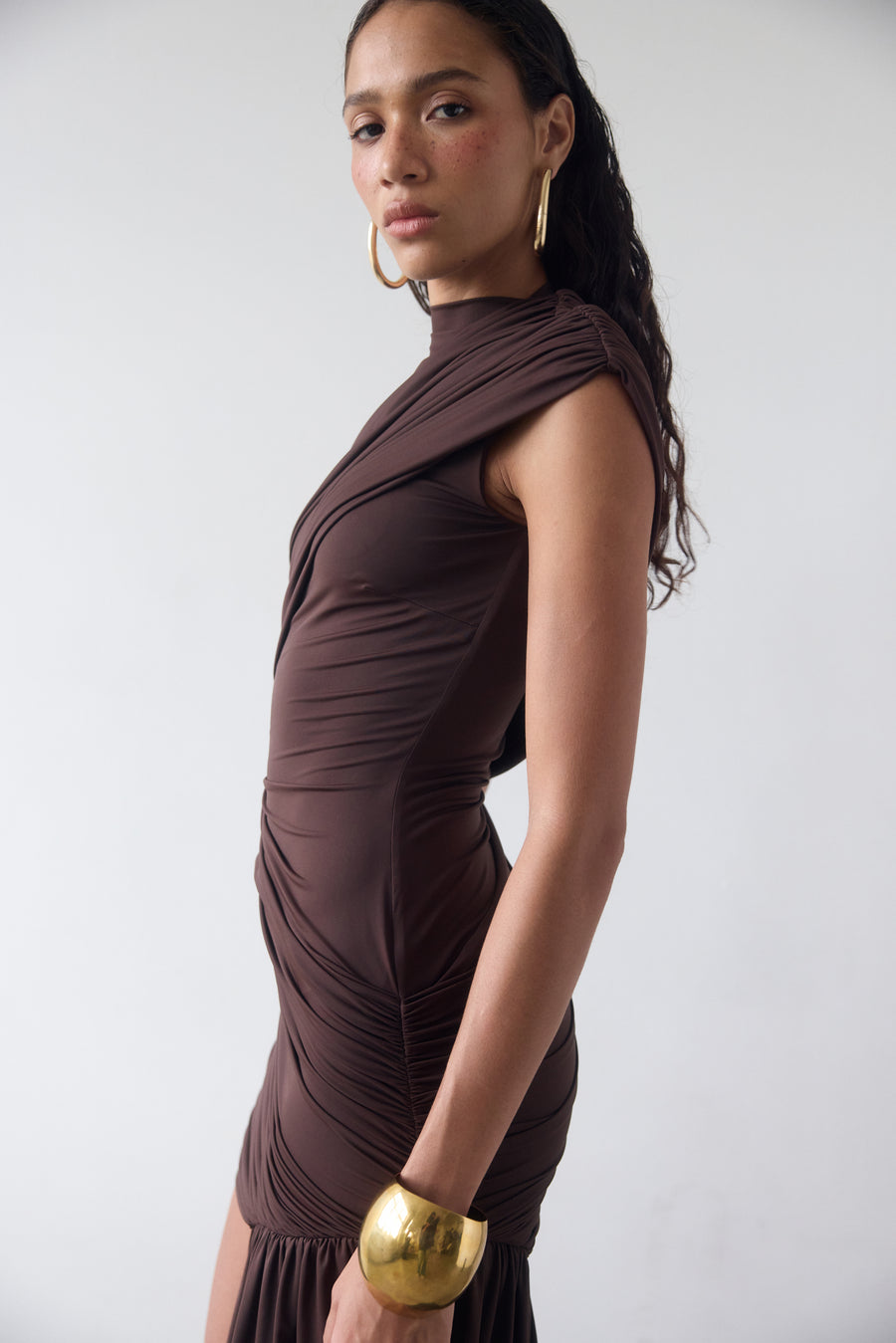 RAVENNA MINI DRESS IN CHOCOLATE BROWN JERSEY