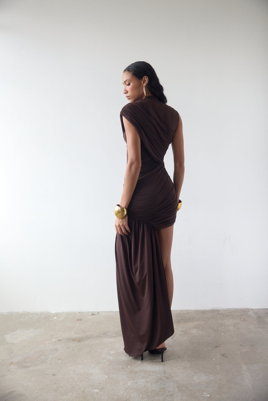 RAVENNA MINI DRESS IN CHOCOLATE BROWN JERSEY