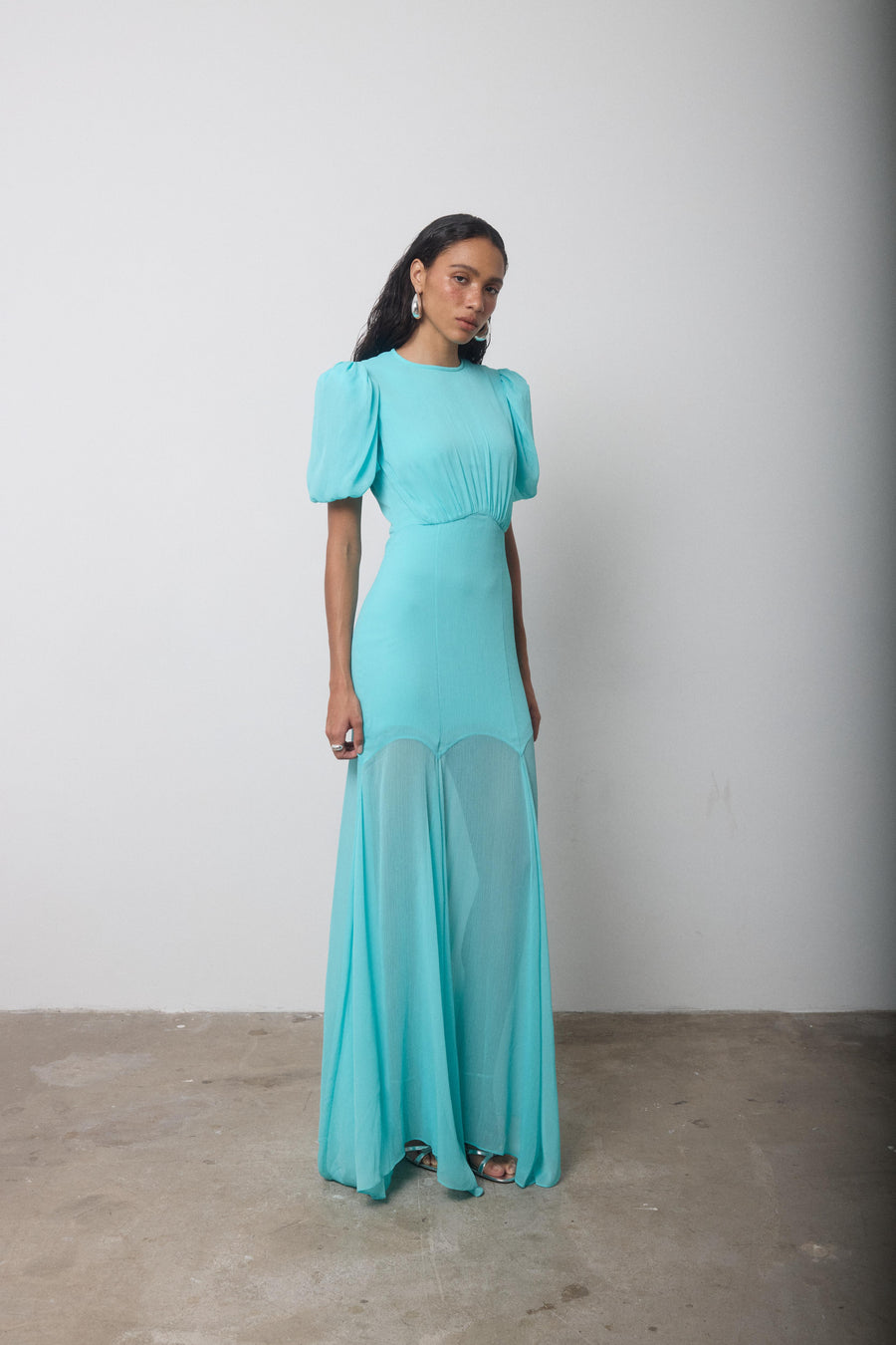 AGUA MAXI DRESS IN TURQUOISE CRINKLE CHIFFON