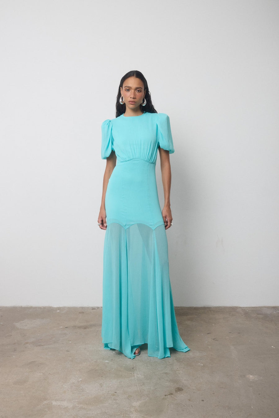 turquoise chiffon maxi dress Chiffon and velvet maxi dress with a bow Color: Turquoise/Black RASARIO Online Boutique 42 (FR) / Turquoise/Black