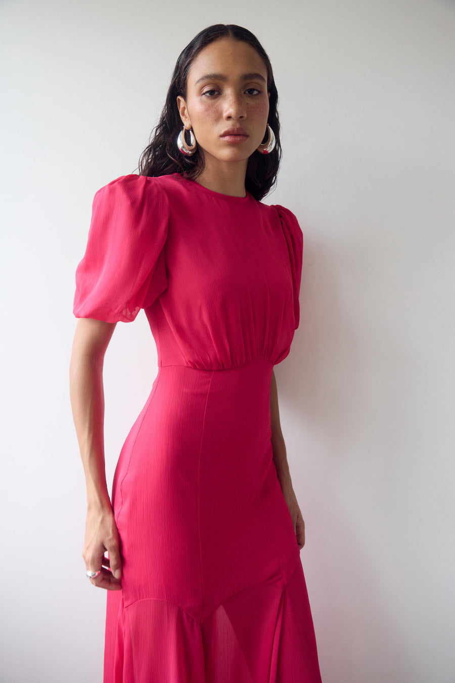 AGUA MAXI DRESS IN FUCHSIA CRINKLE CHIFFON