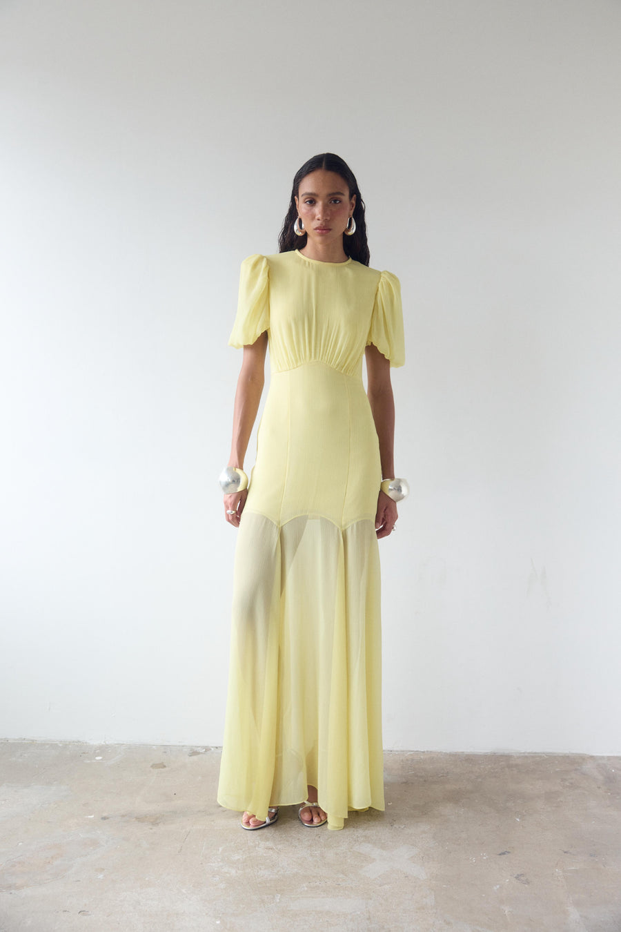 AGUA MAXI DRESS IN BABY YELLOW CRINKLE CHIFFON