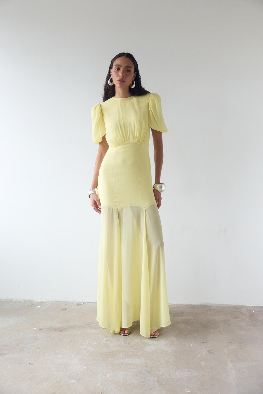AGUA MAXI DRESS IN BABY YELLOW CRINKLE CHIFFON