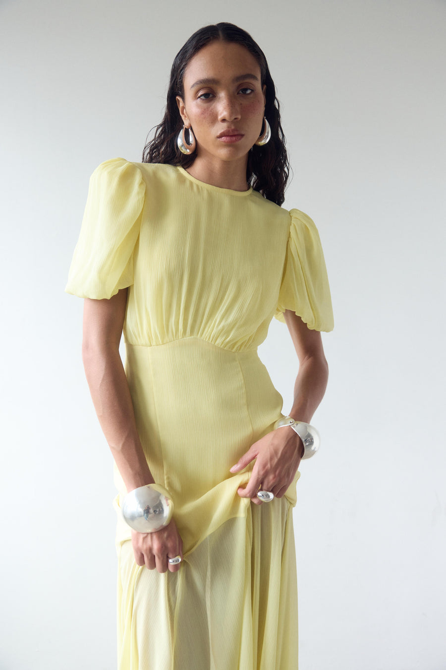 AGUA MAXI DRESS IN BABY YELLOW CRINKLE CHIFFON