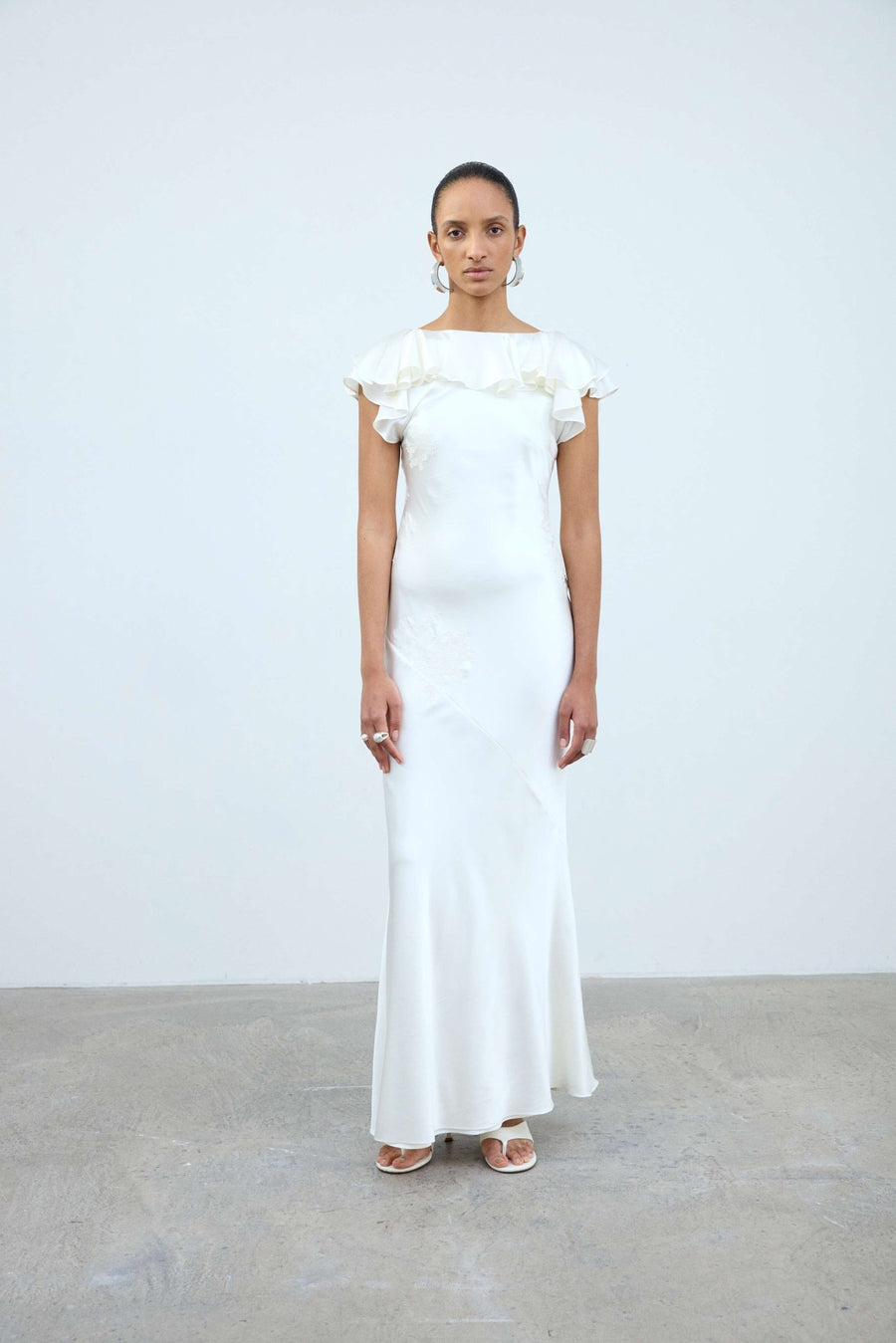 Amancia Maxi Dress in Ivory Silk Satin - De La Vali DE LA VALI OFFICIAL Amancia Maxi Dress in Ivory Silk Satin - De La Vali DE LA VALI OFFICIAL