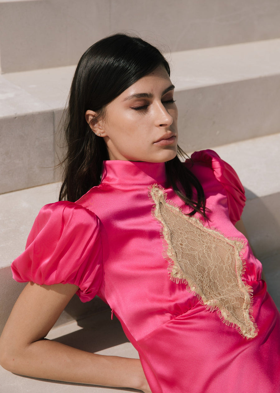 Delilah Bias Cut Lace Insert Maxi Dress in Hot Pink - De La Vali