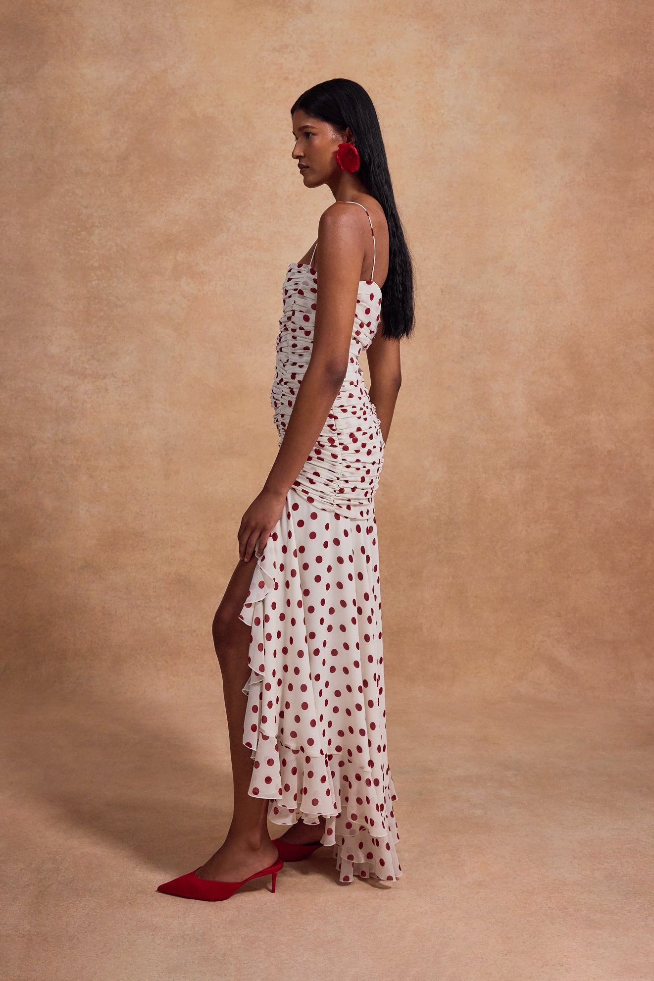 ROSADO MAXI DRESS IN IVORY AND RED POLKADOT CHIFFON - De La Vali
