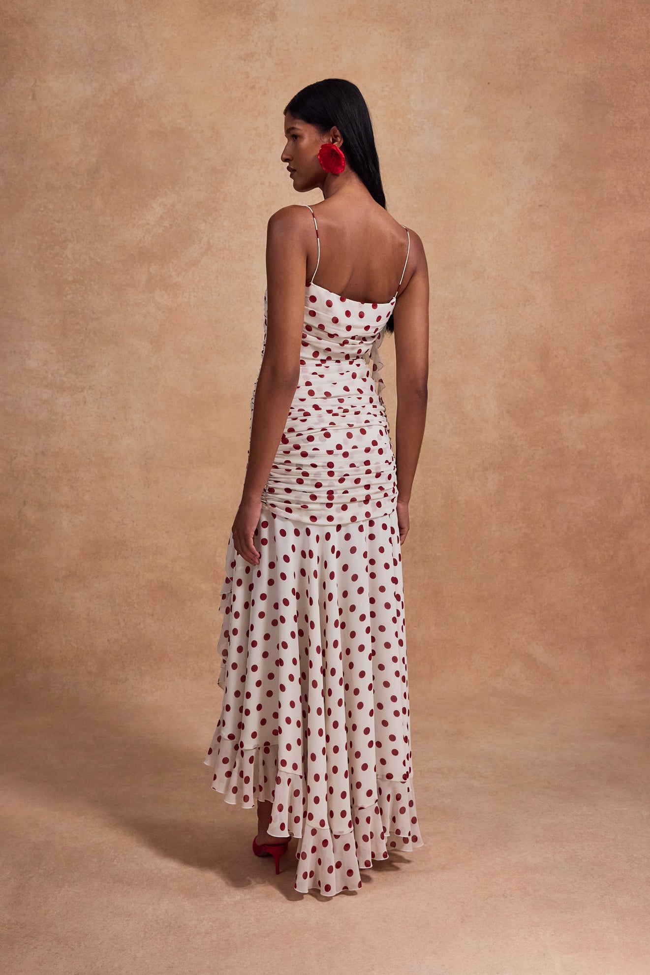 ROSADO MAXI DRESS IN IVORY AND RED POLKADOT CHIFFON - De La Vali