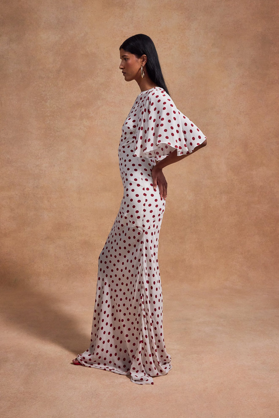 PALOMA MAXI DRESS IN IVORY RED POLKADOT CREPE DE CHINE