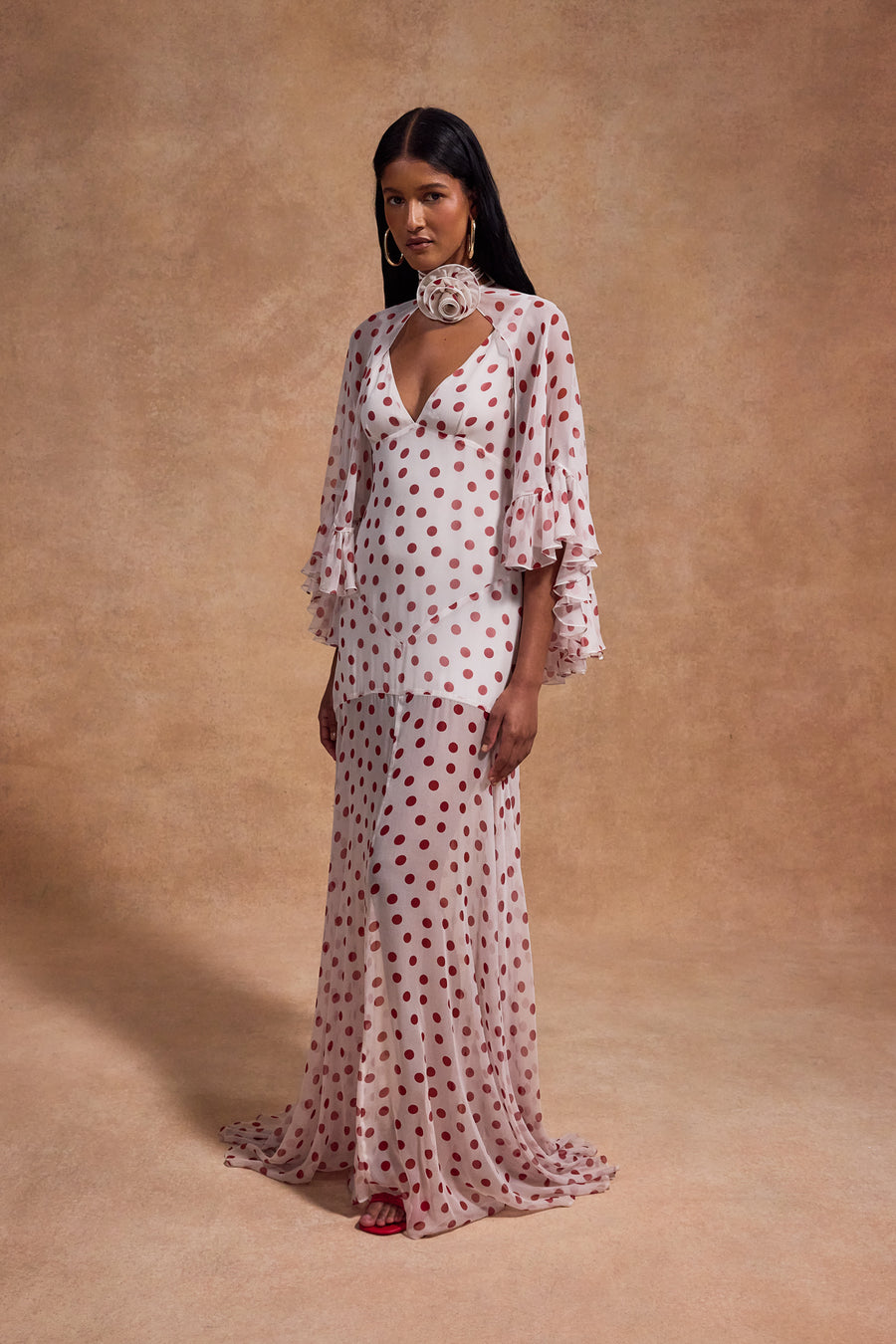 KATJA MAXI DRESS IN IVORY RED POLKA DOT SILK CHIFFON