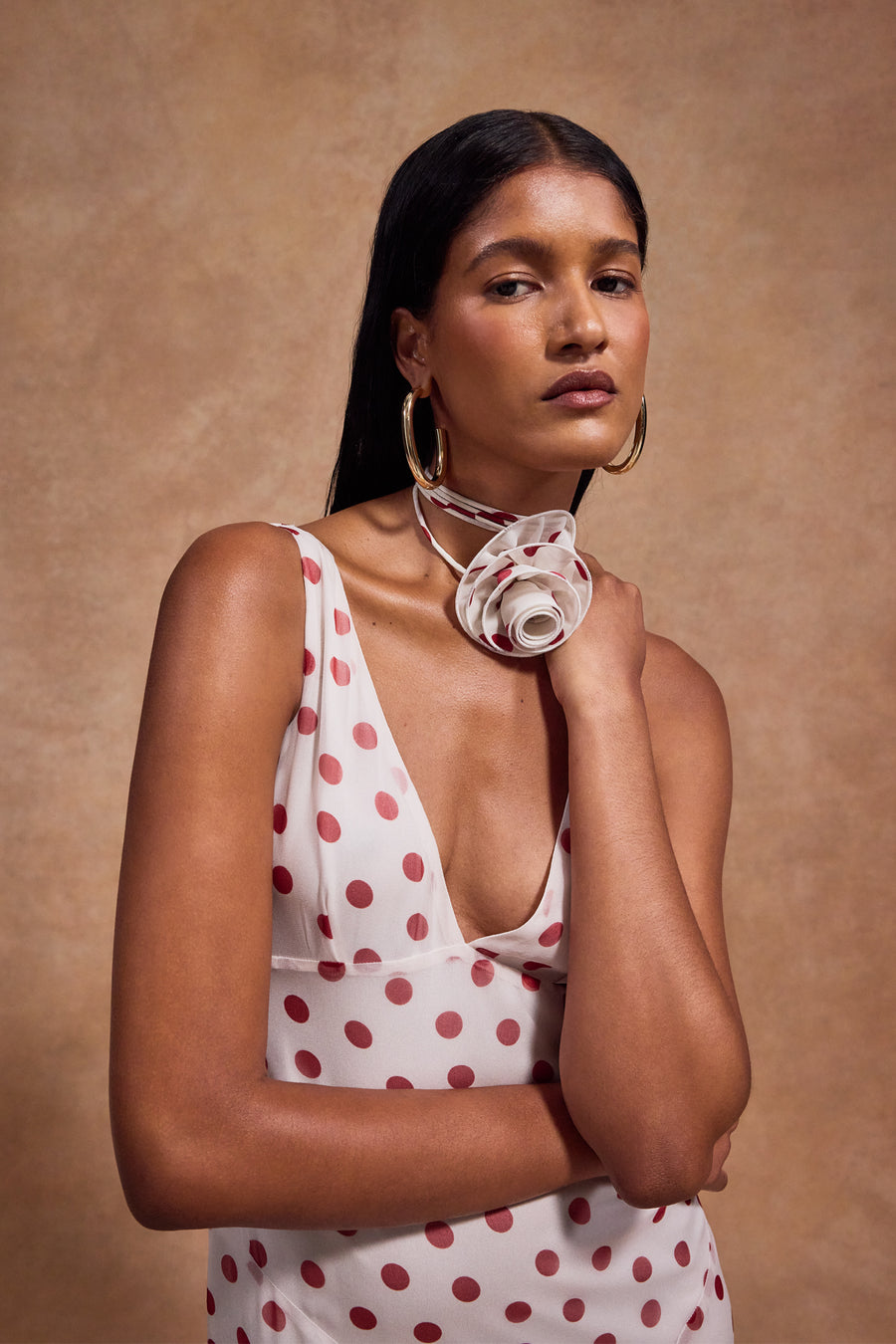 KATJA MAXI DRESS IN IVORY RED POLKA DOT SILK CHIFFON