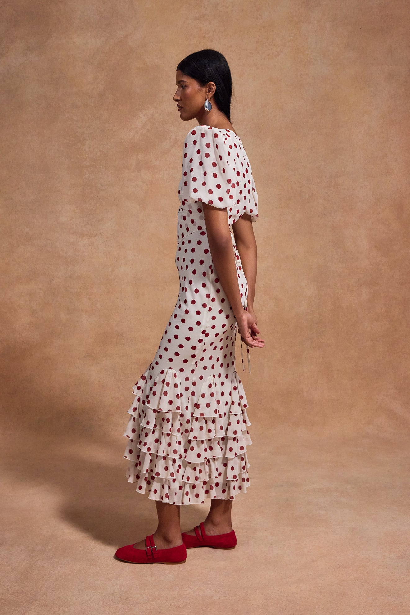 FORTALEZA MIDI DRESS IN IVORY RED POLKADOT CHIFFON - De La Vali