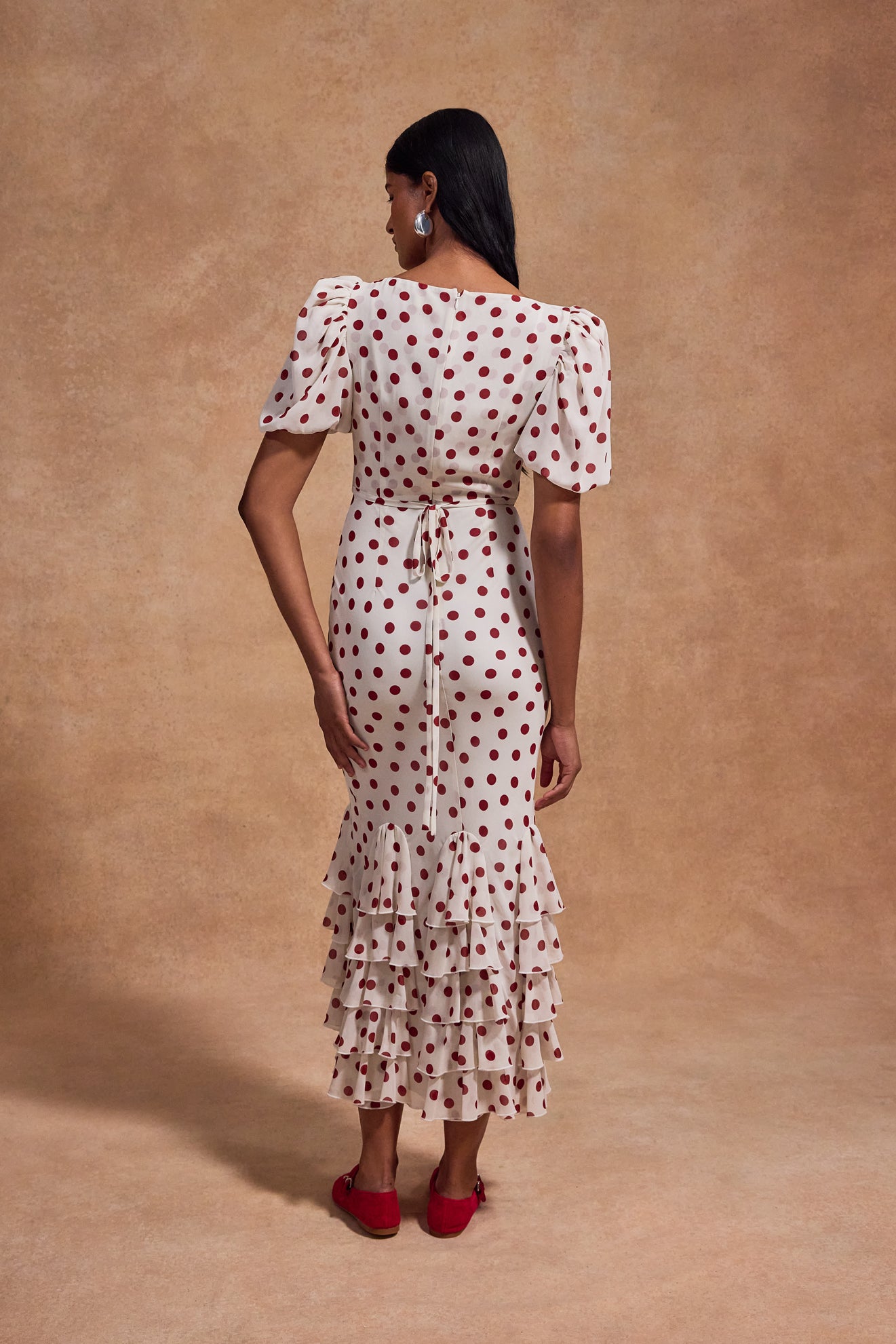 FORTALEZA MIDI DRESS IN IVORY RED POLKADOT CHIFFON - De La Vali