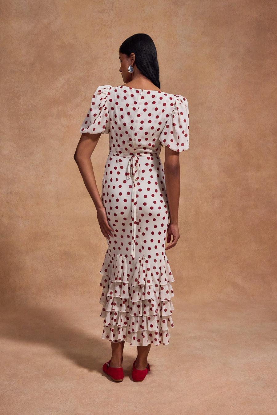 FORTALEZA MIDI DRESS IN IVORY RED POLKADOT CHIFFON