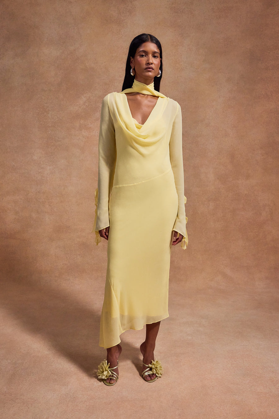 CRISTOBAL MIDI DRESS IN SHERBET YELLOW CHIFFON