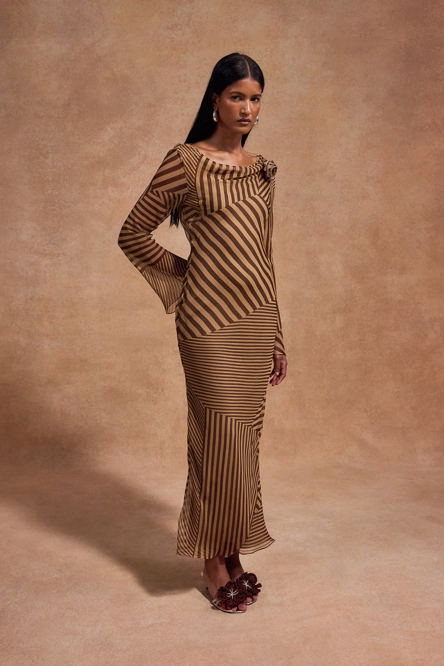GRACIA MIDI DRESS IN VIVID STRIPE SILK CHIFFON