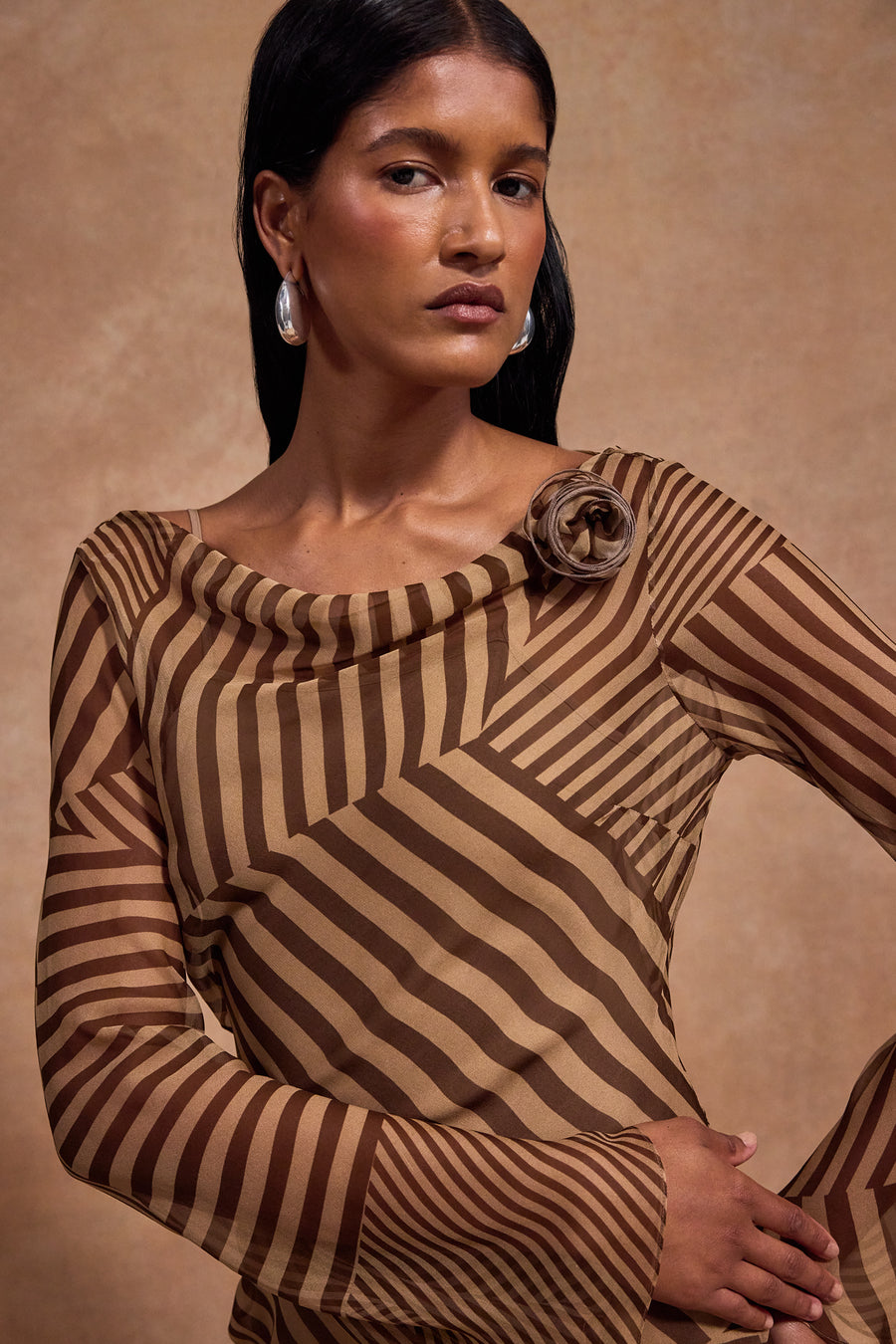 GRACIA MIDI DRESS IN VIVID STRIPE SILK CHIFFON