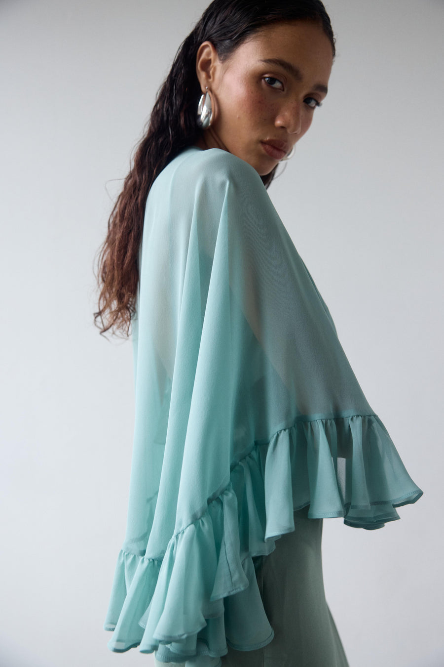 PRECIOSO CAPE IN SEA GREEN SILK CHIFFON