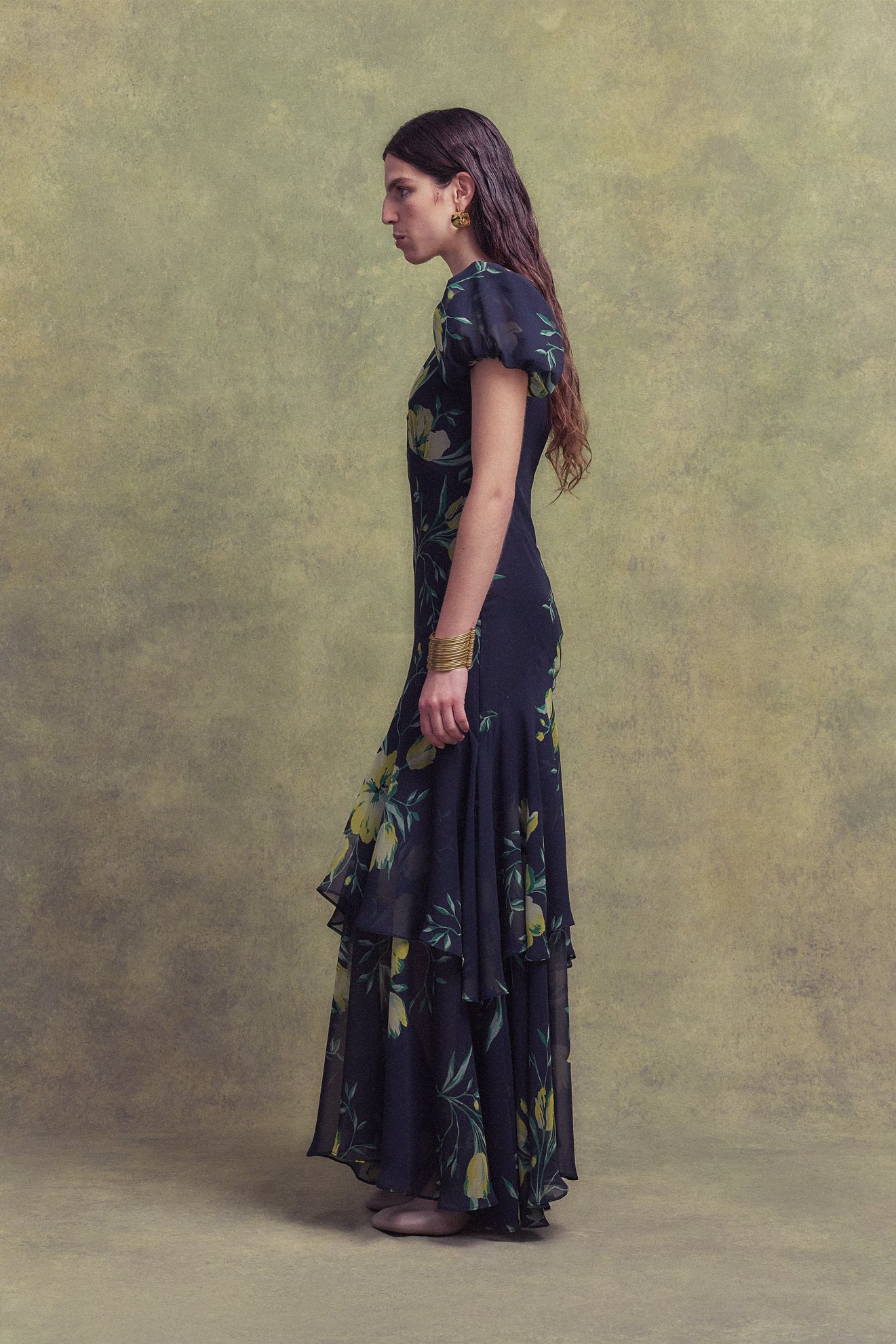 ANETTA MIDI DRESS IN PRIMAVERA - BLACK CHIFFON - De La Vali