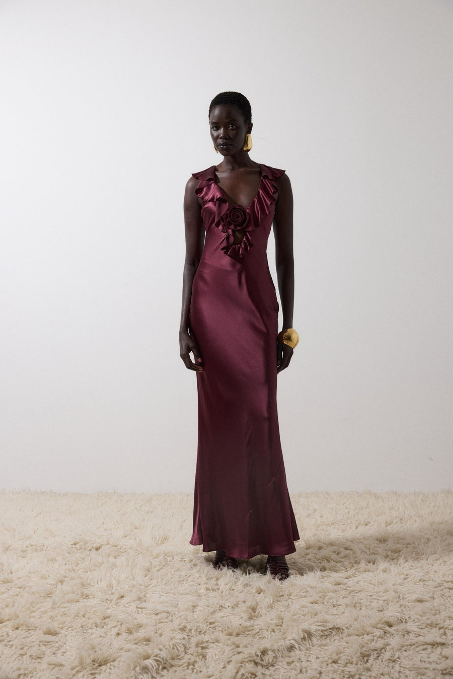silk satin long dress Blue Satin Maxi Dress: V-Neck Sleeveless with High Slit