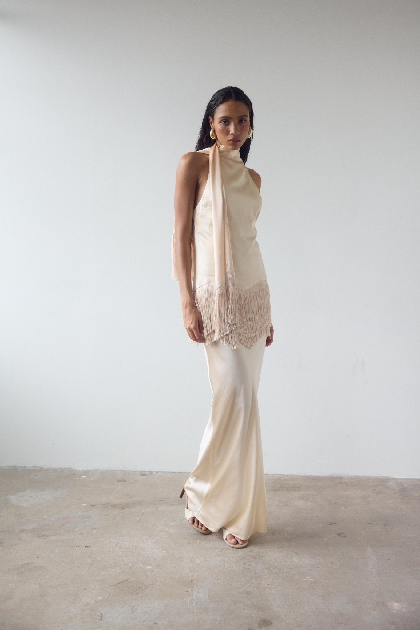 KHAMSIN MAXI DRESS IN CREAM SILK SATIN - De La Vali