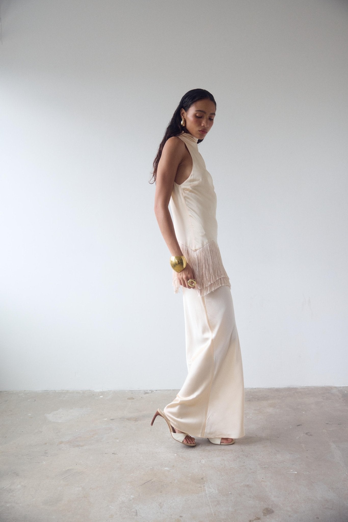 KHAMSIN MAXI DRESS IN CREAM SILK SATIN - De La Vali