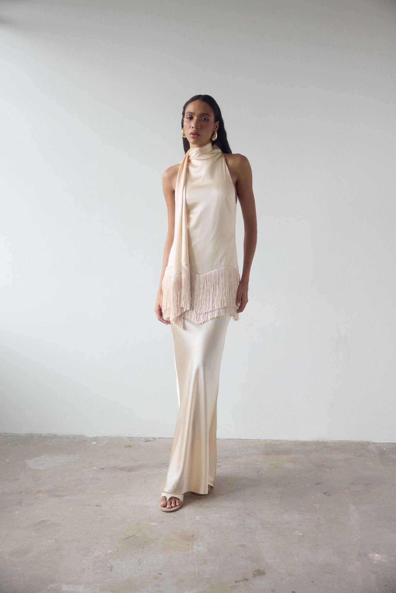 KHAMSIN MAXI DRESS IN CREAM SILK SATIN - De La Vali
