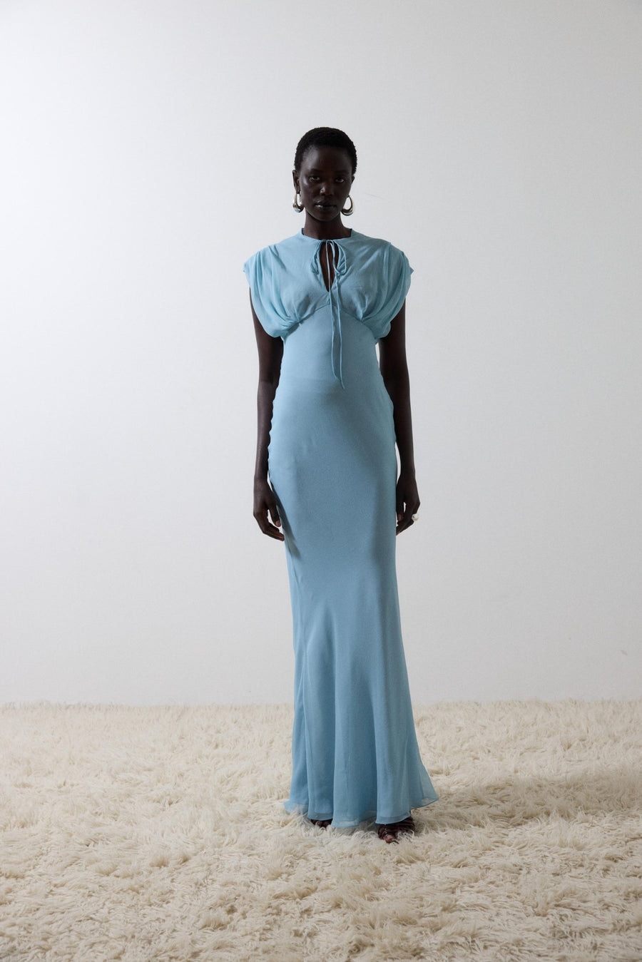 georgette chiffon dress Georgette Chiffon Tea-Length Dress with Caplet Sleeves and Beaded Trim on Shoulders