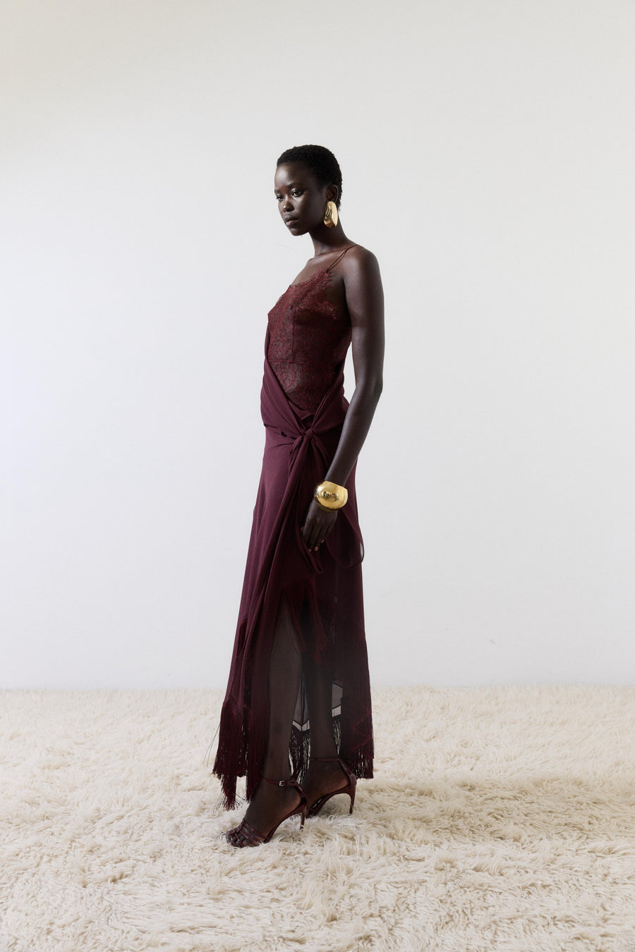 MISTRAL MIDI DRESS IN EARTH CHIFFON & LACE