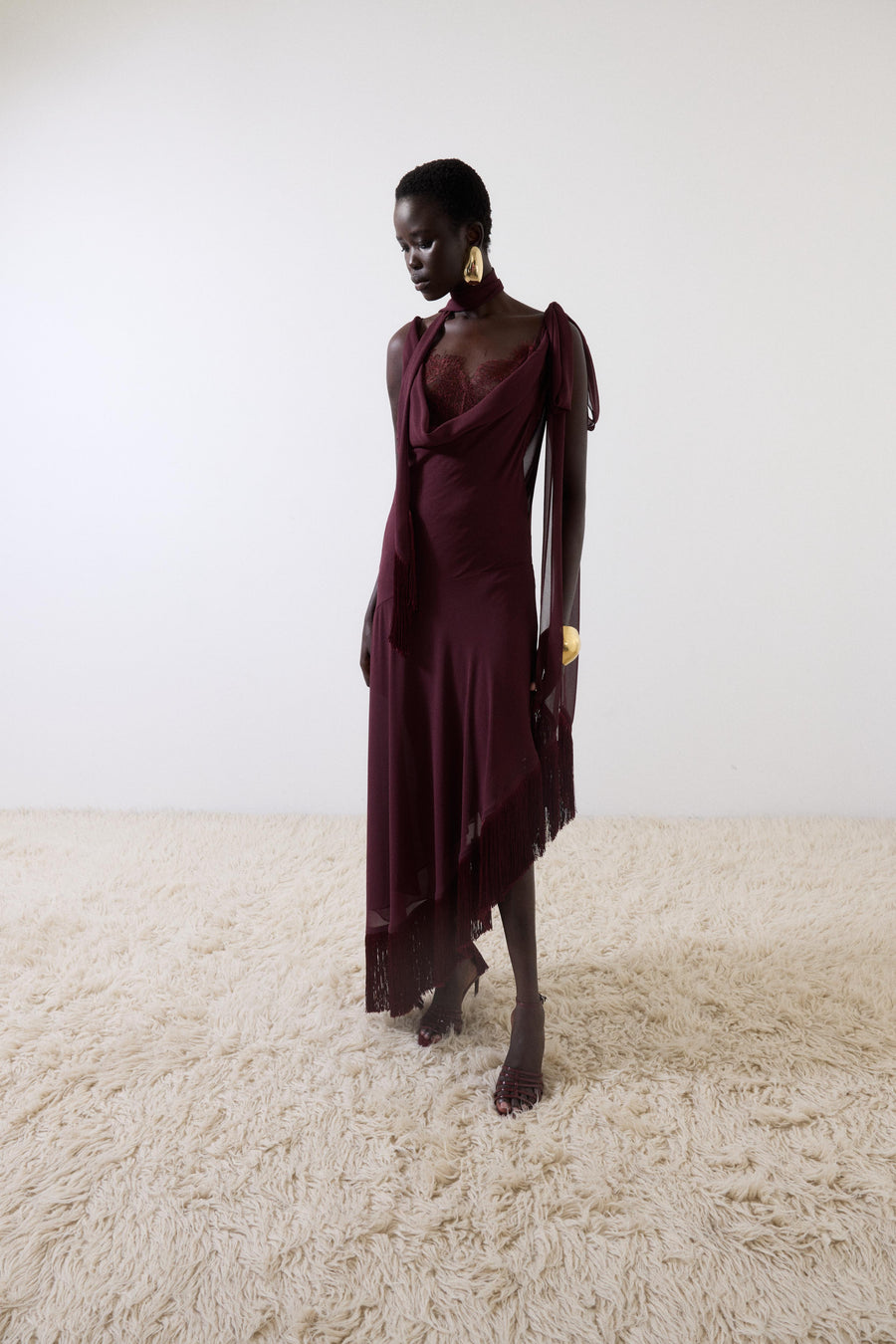 MISTRAL MIDI DRESS IN EARTH CHIFFON & LACE
