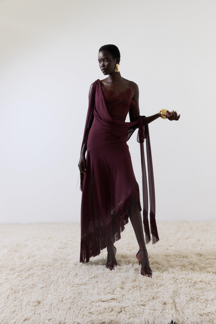 MISTRAL MIDI DRESS IN EARTH CHIFFON & LACE
