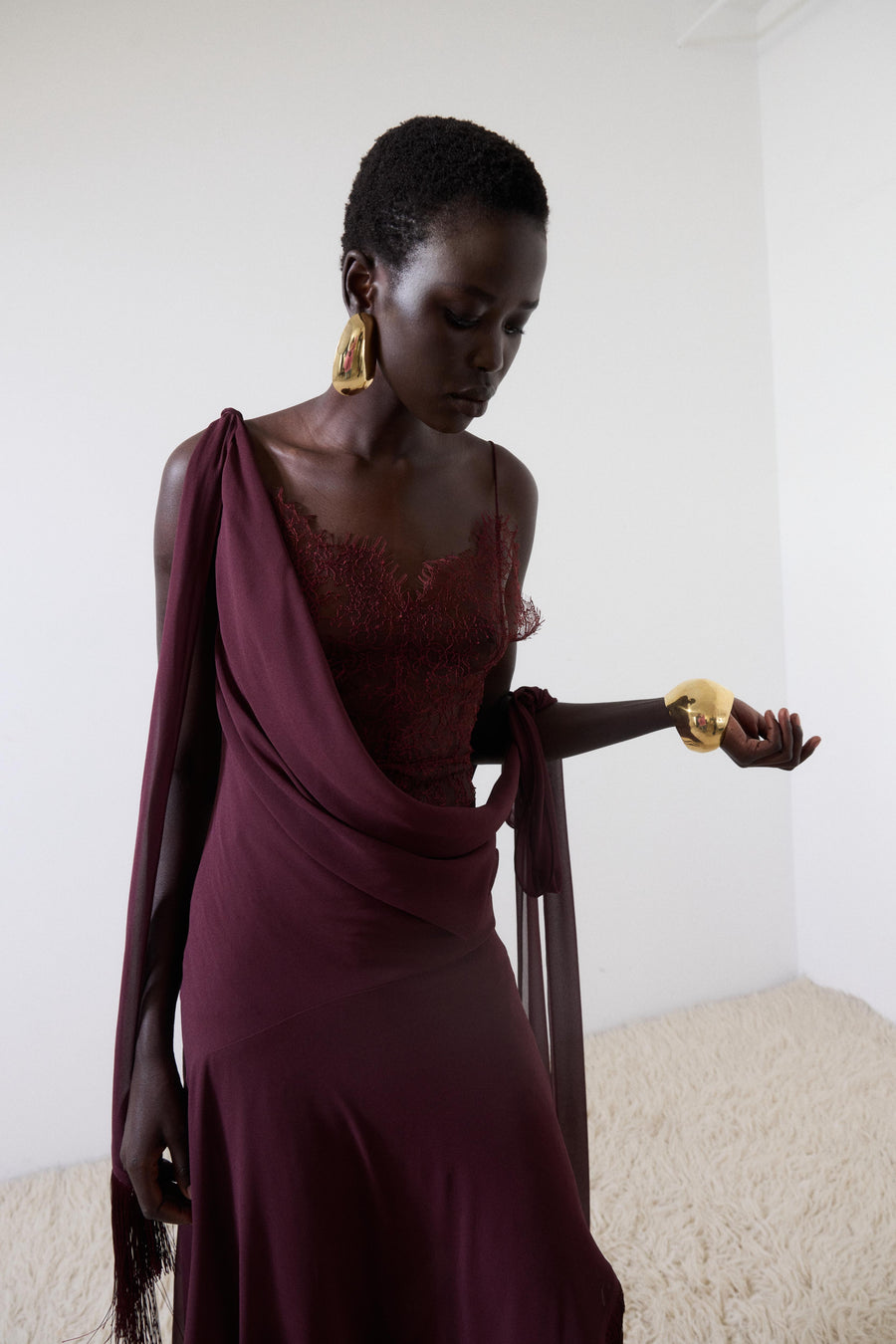 MISTRAL MIDI DRESS IN EARTH CHIFFON & LACE