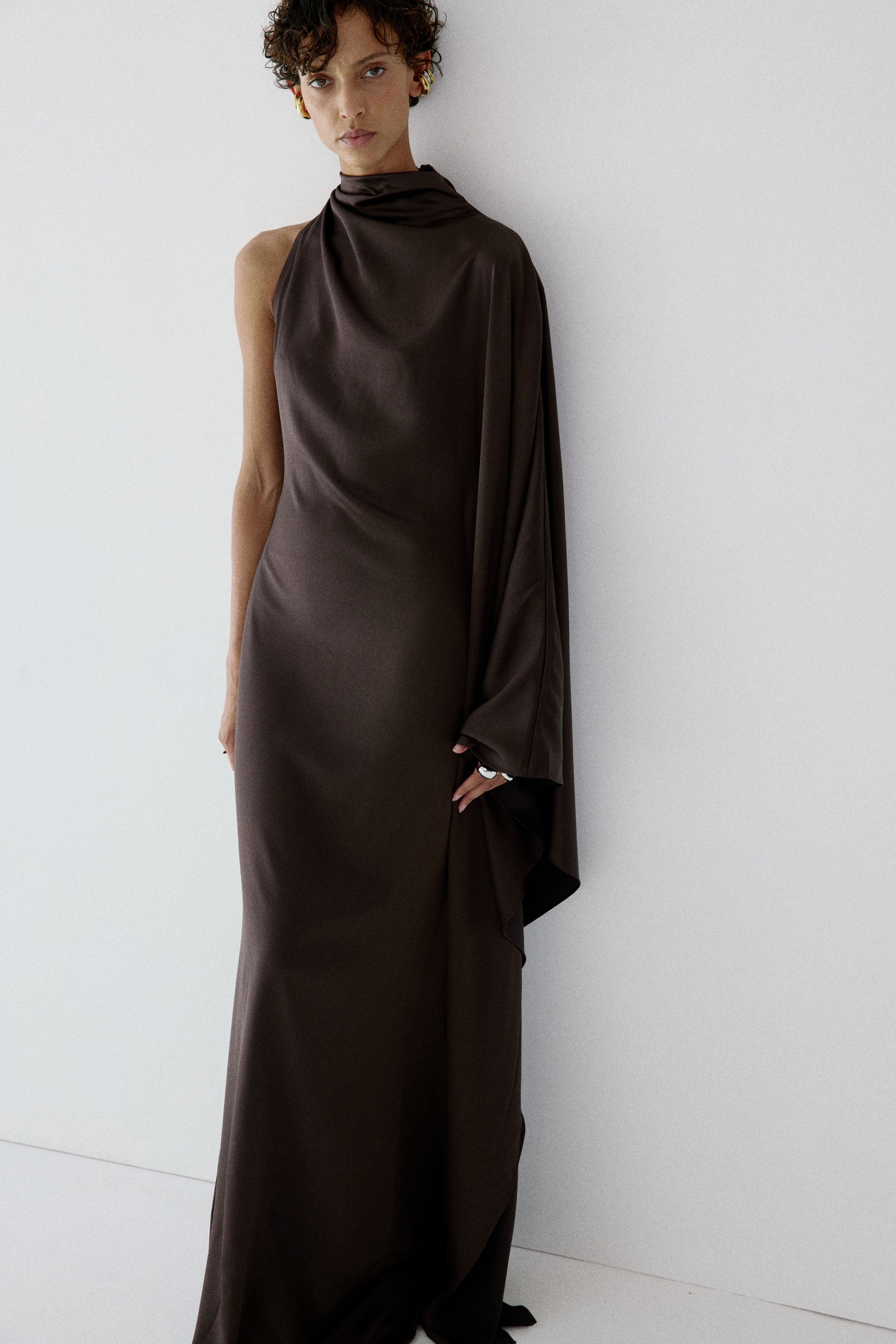 ODALUNA MAXI DRESS IN UMBER BROWN SATIN BACK CREPE