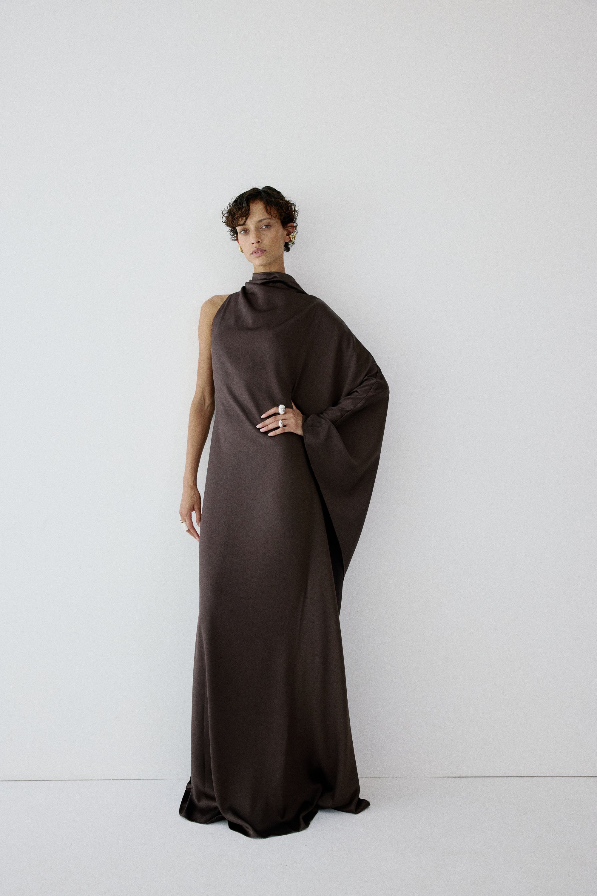 ODALUNA MAXI DRESS IN UMBER BROWN SATIN BACK CREPE