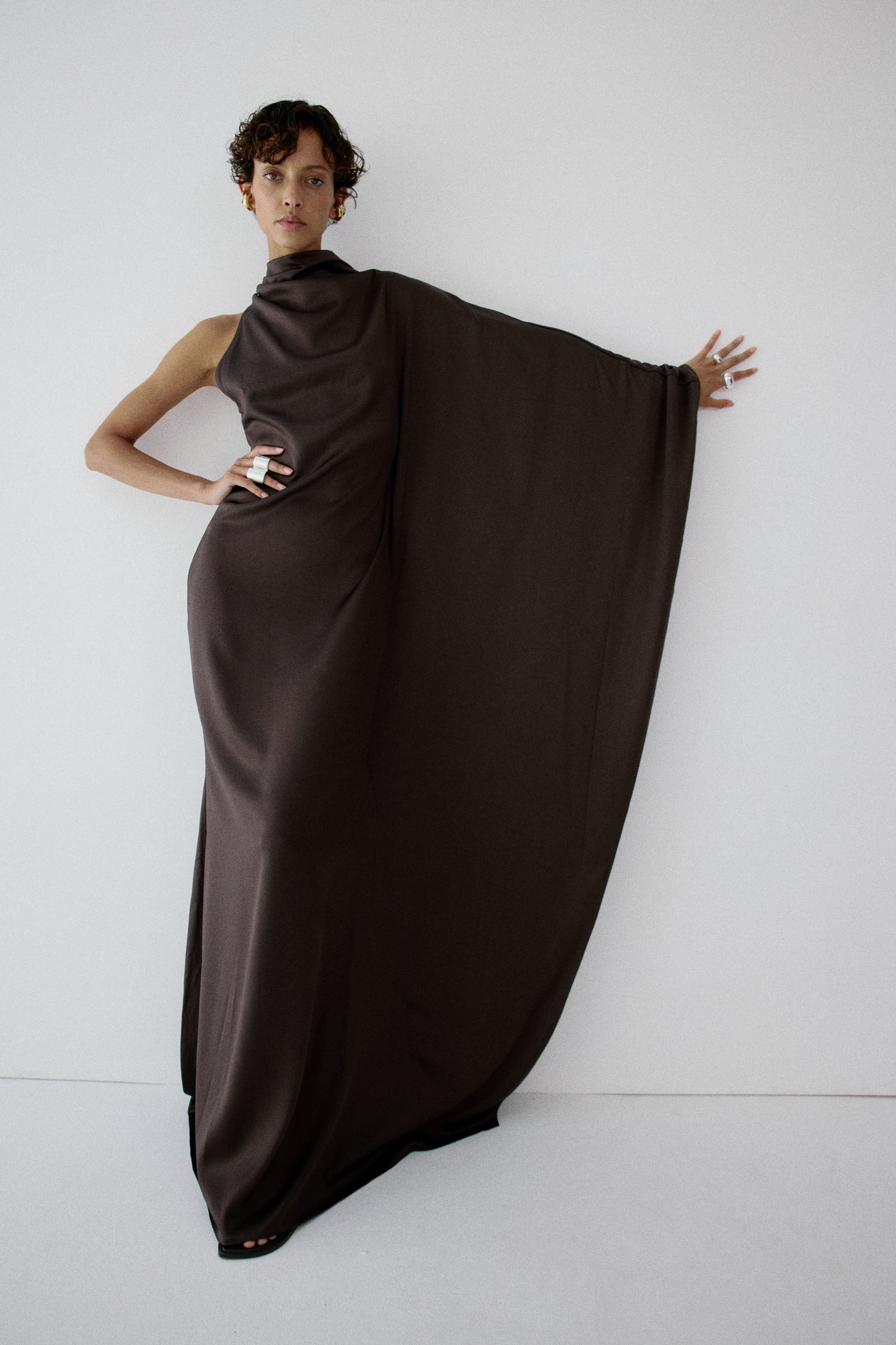 ODALUNA MAXI DRESS IN UMBER BROWN SATIN BACK CREPE