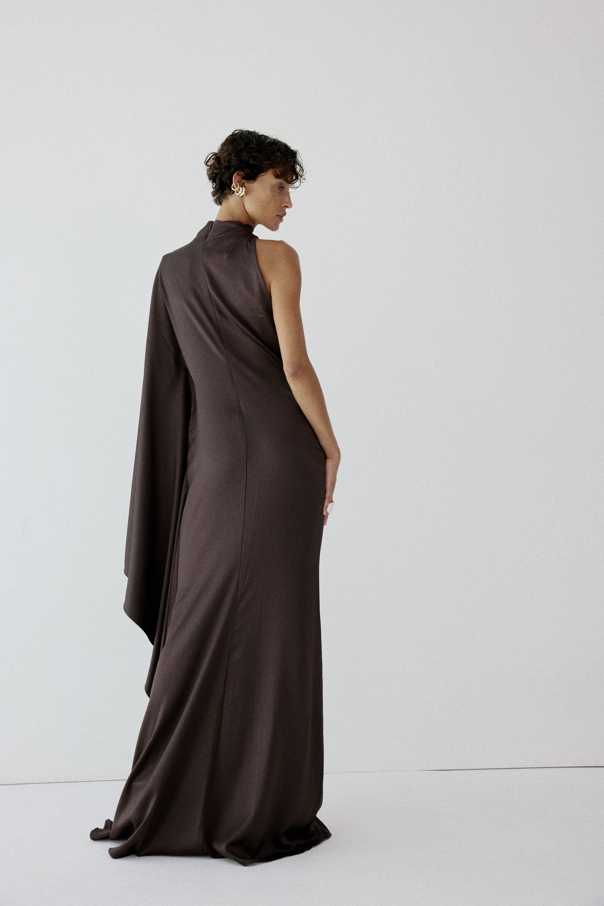 ODALUNA MAXI DRESS IN UMBER BROWN SATIN BACK CREPE