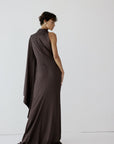 ODALUNA MAXI DRESS IN UMBER BROWN SATIN BACK CREPE
