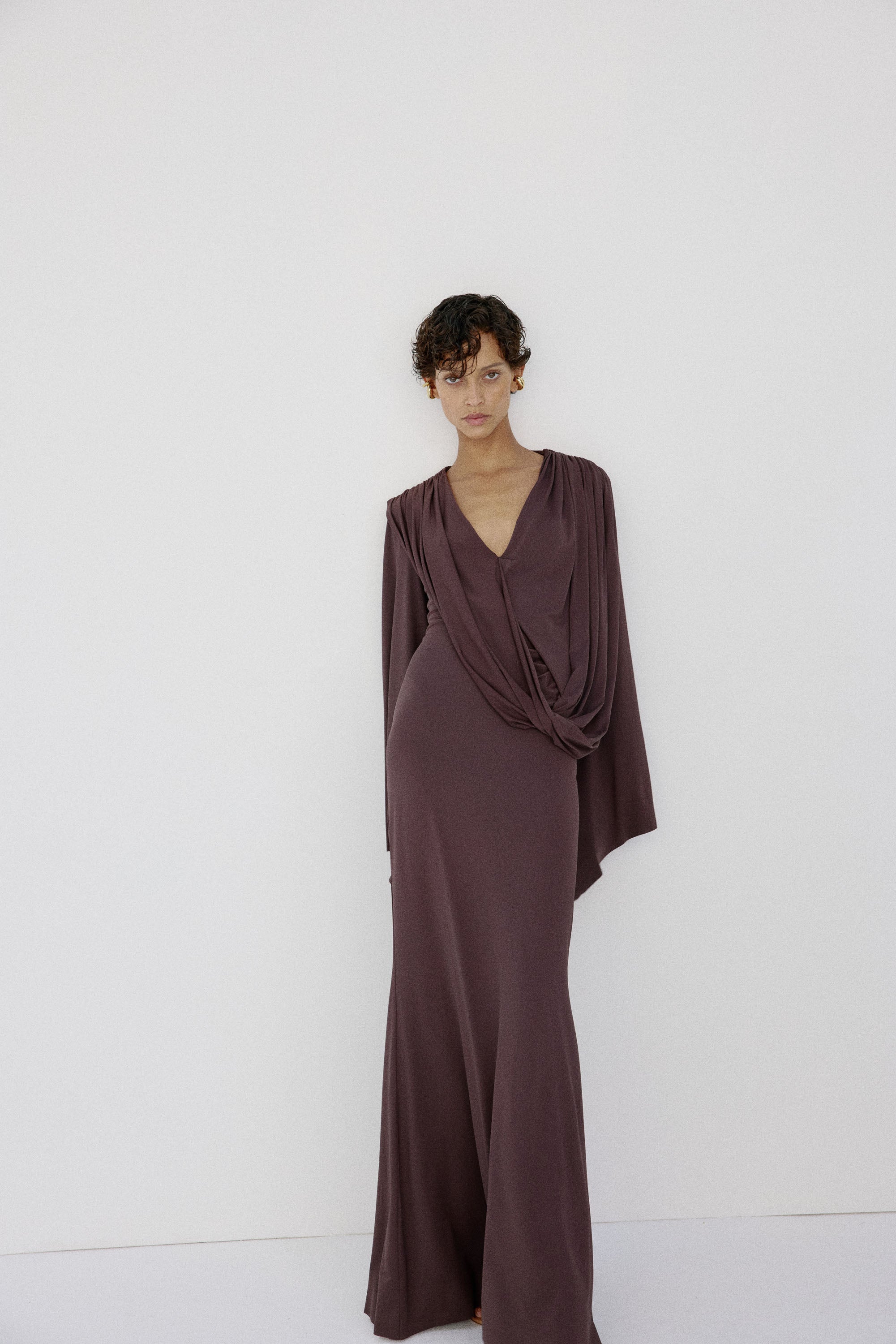 SELVA DRESS IN UMBER BROWN SPANDEX JEREY