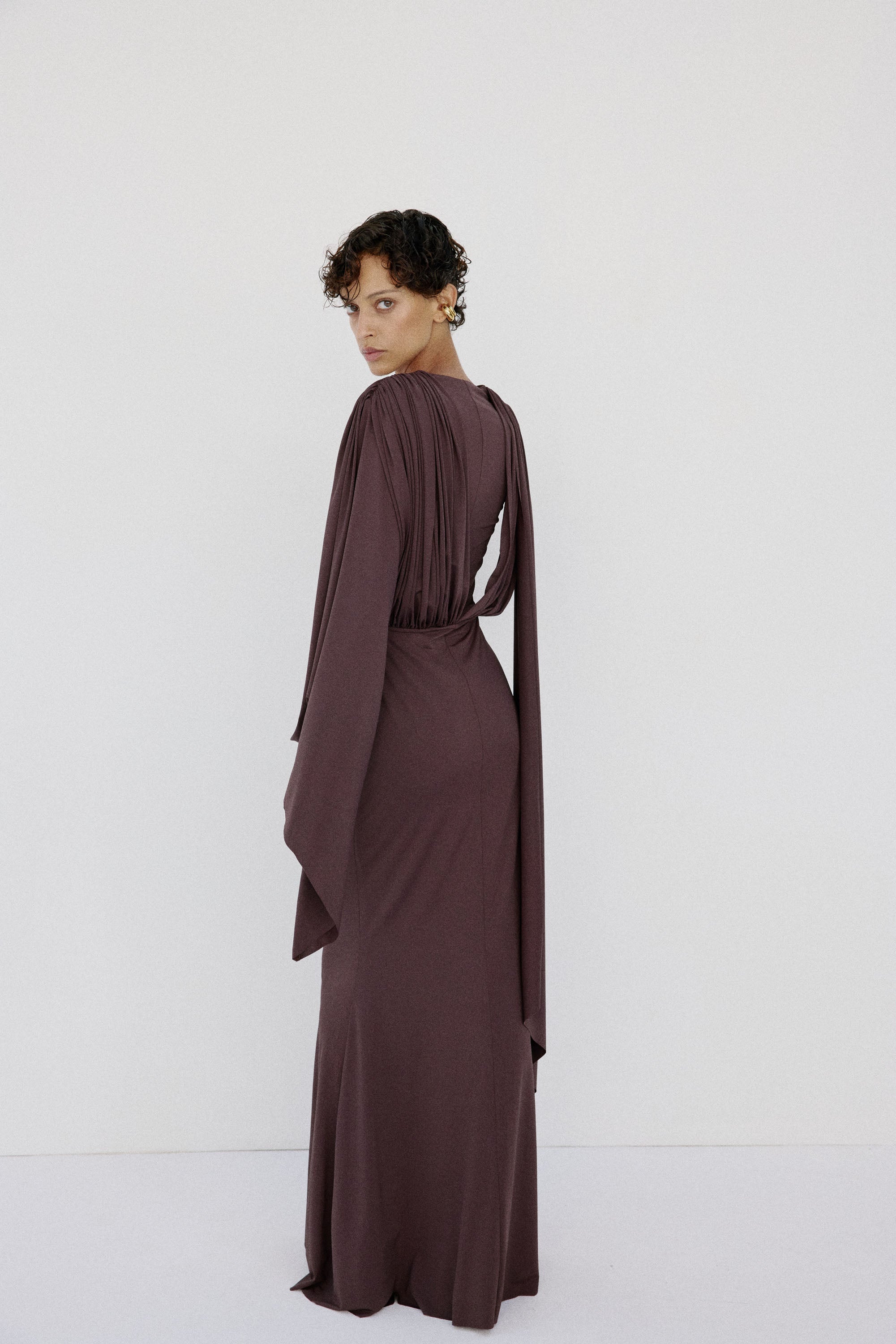 SELVA DRESS IN UMBER BROWN SPANDEX JEREY