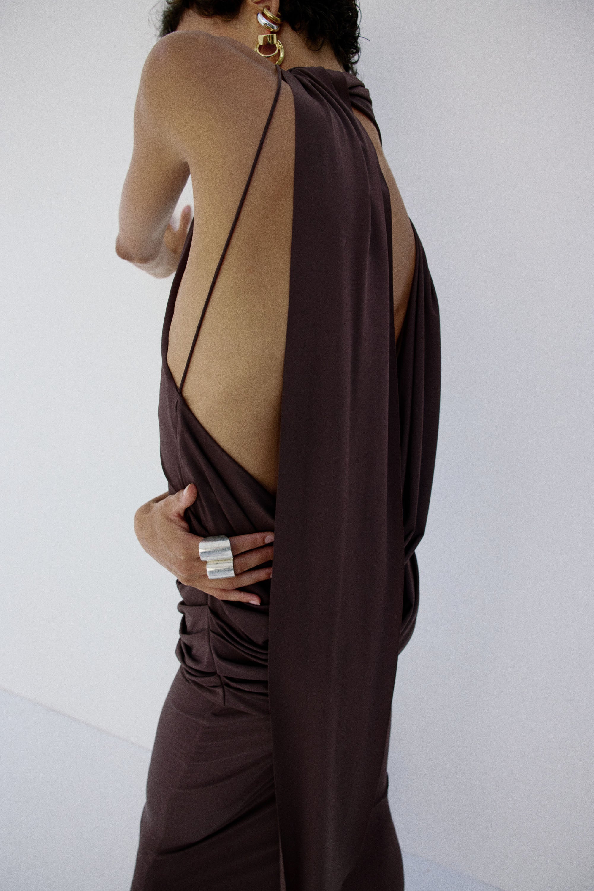 LURNA MAXI DRESS IN UMBER BROWN SPANDEX JEREY