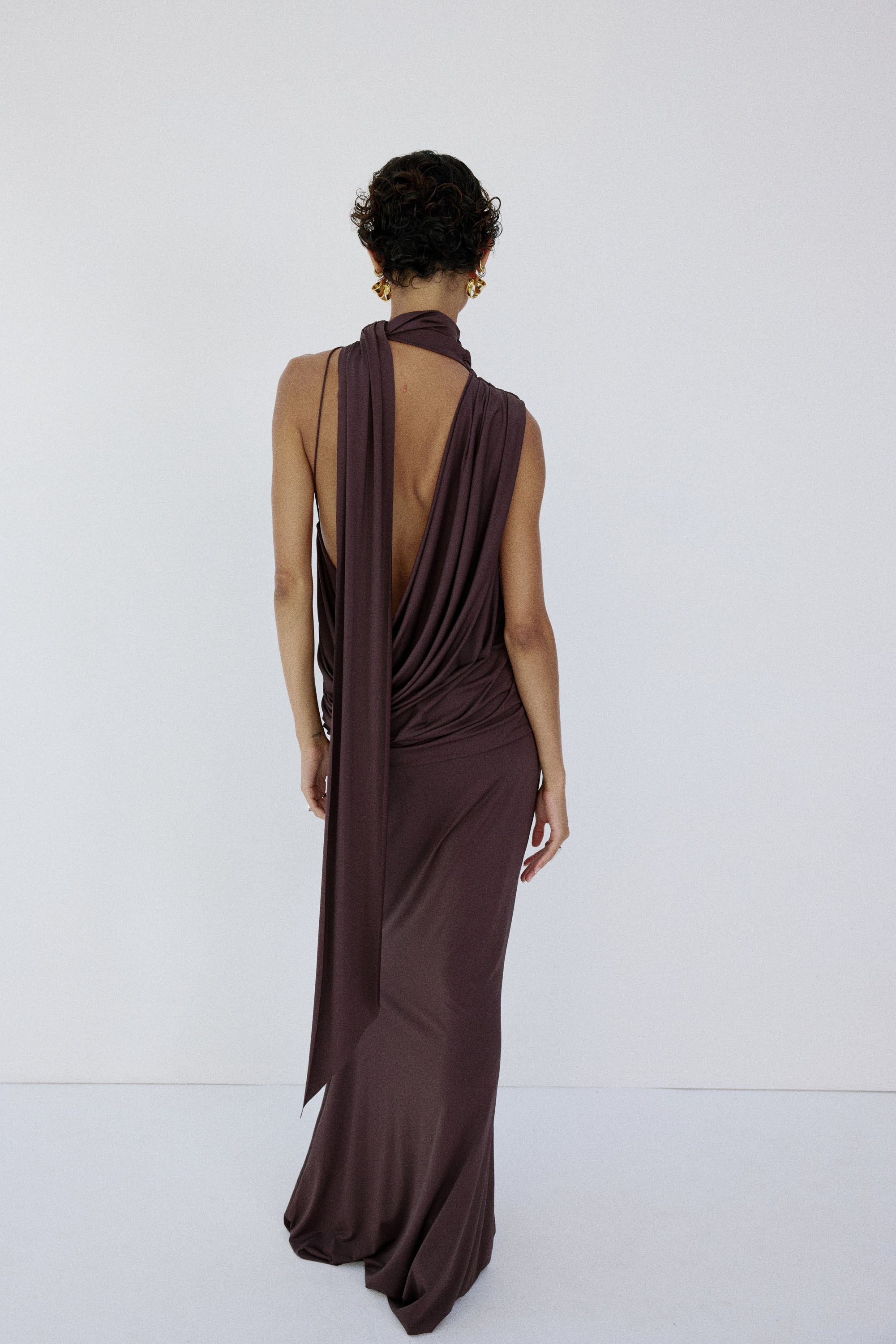 LURNA MAXI DRESS IN UMBER BROWN SPANDEX JEREY