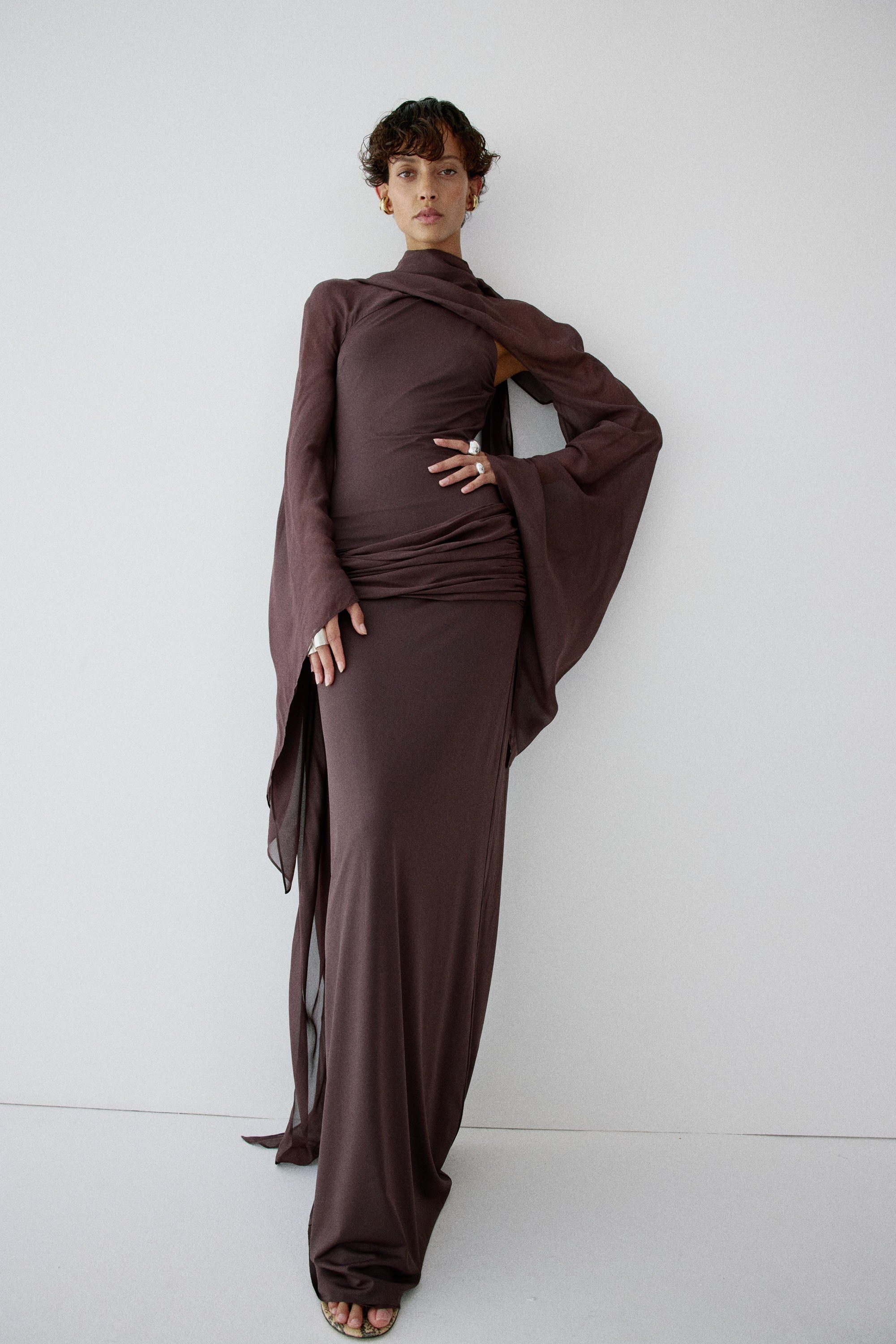 SABELA MAXI DRESS IN UMBER BROWN VISCOSE GEORGETTE