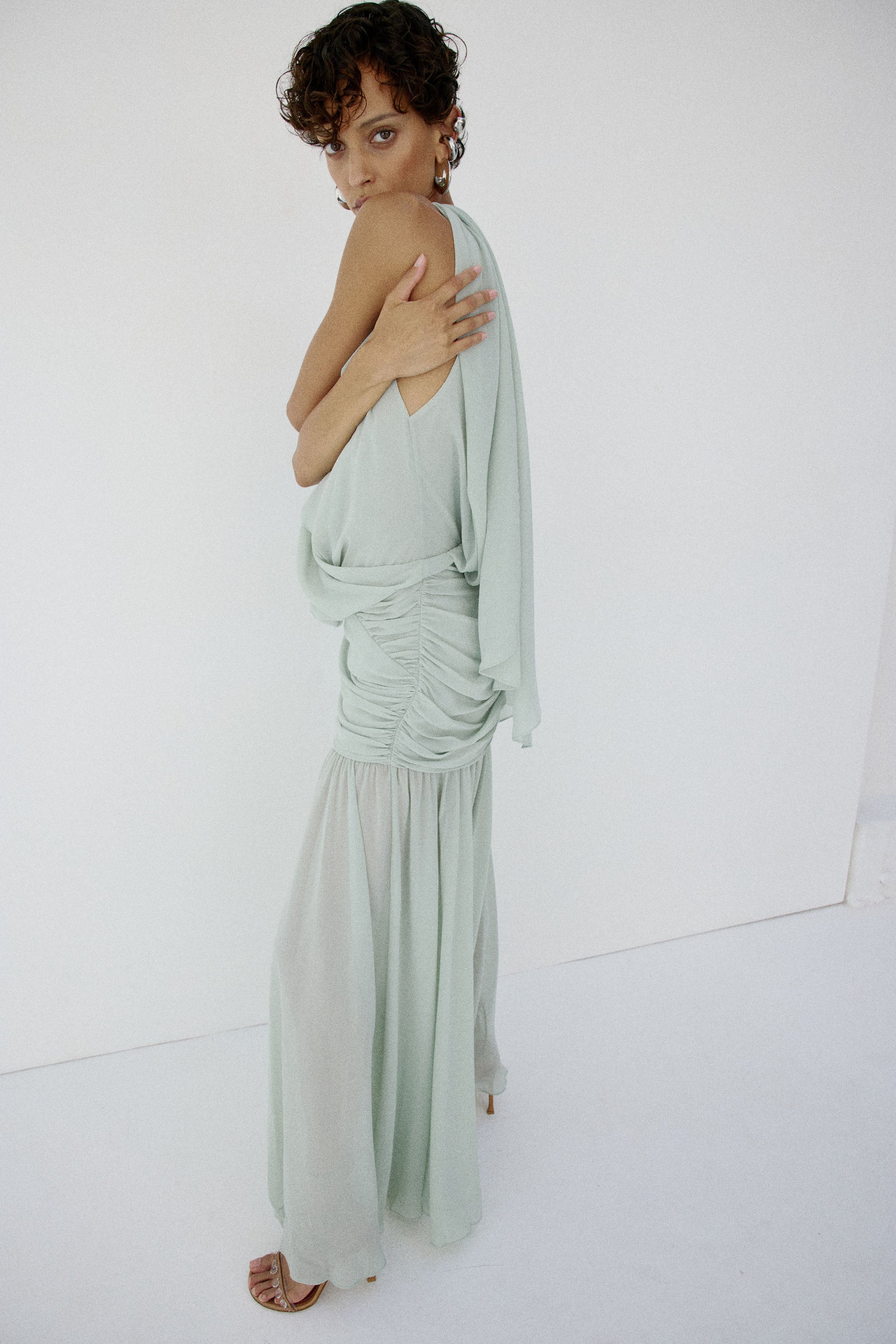 AZUL DRAPED NECKLINE DRESS IN ICE GREEN CHIFFON