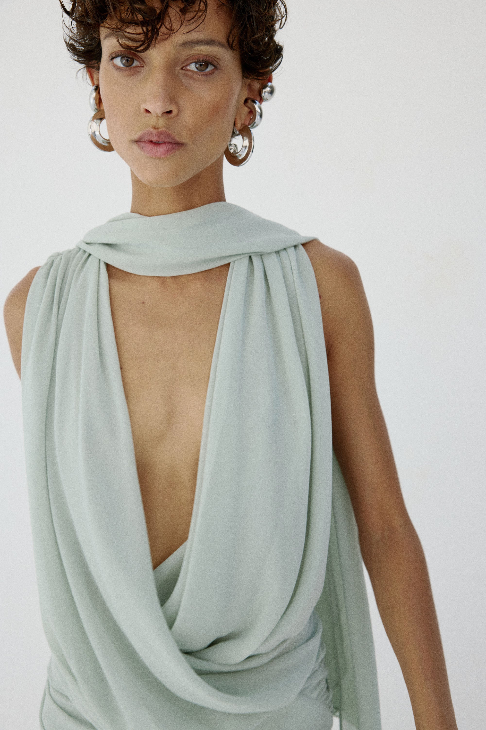 AZUL DRAPED NECKLINE DRESS IN ICE GREEN CHIFFON