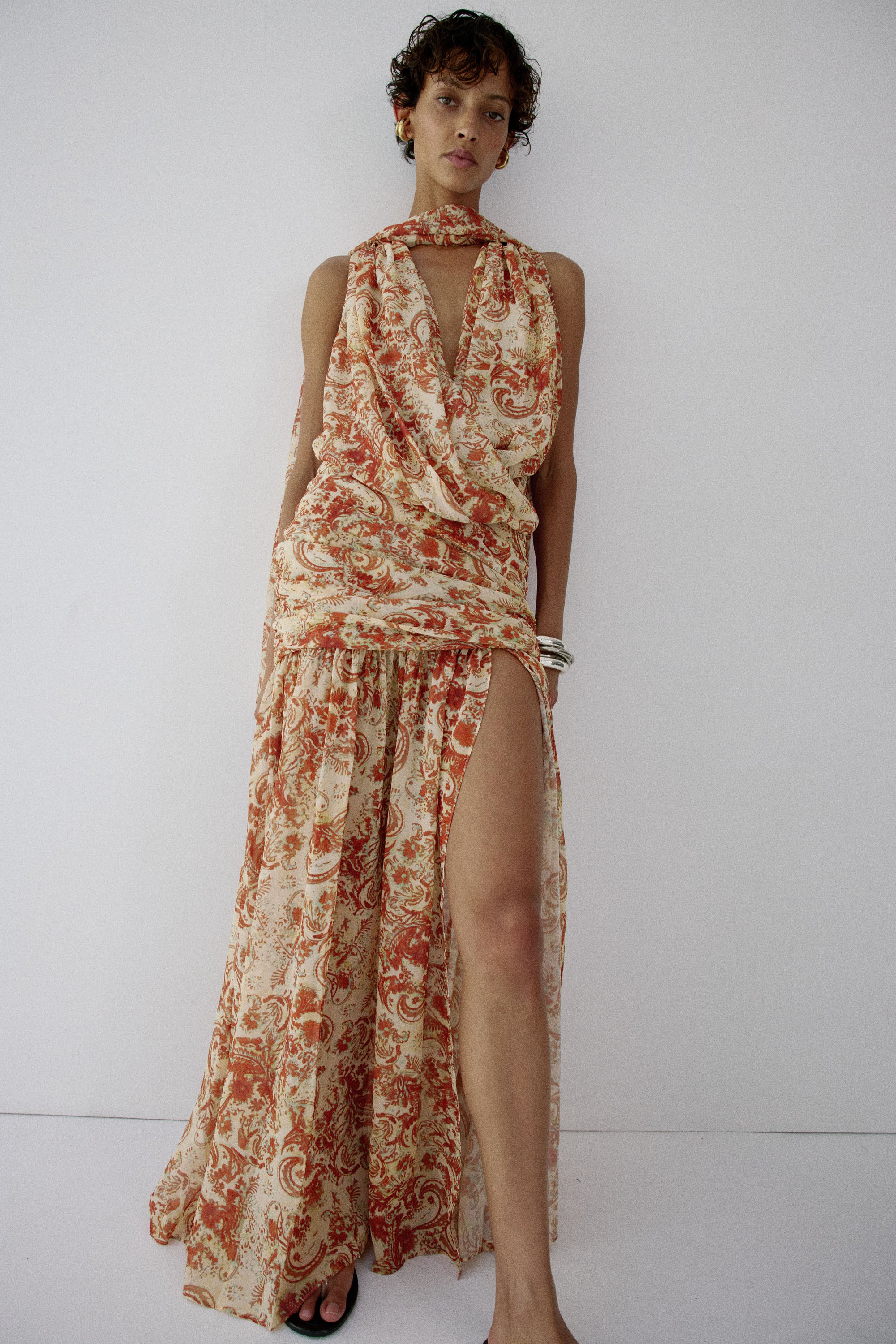 AZUL DRAPED NECKLINE DRESS IN CACHEMIRA - YELLOW CHIFFON
