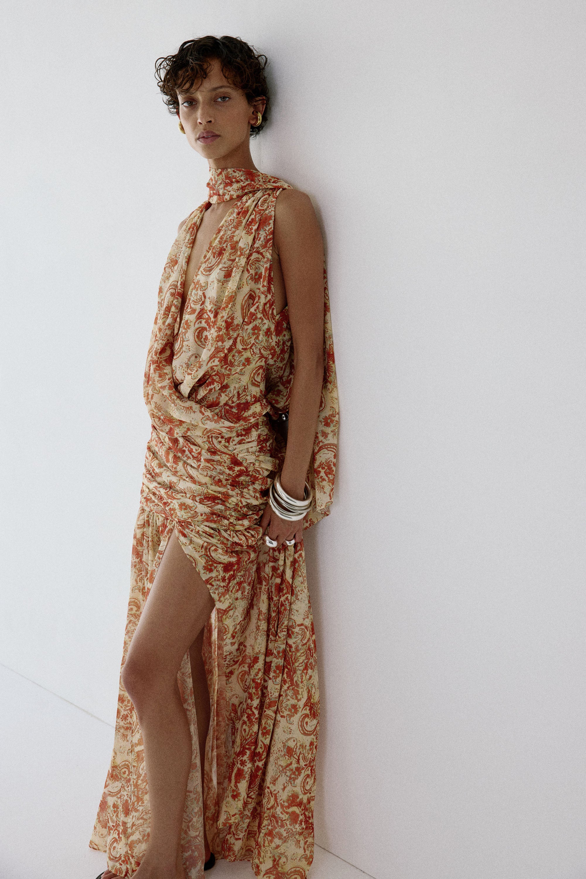 AZUL DRAPED NECKLINE DRESS IN CACHEMIRA - YELLOW CHIFFON