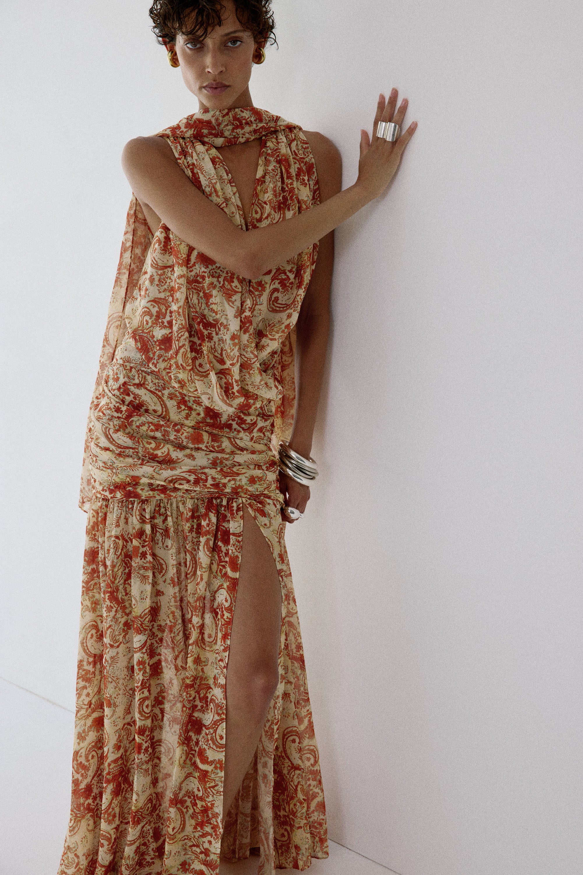 AZUL DRAPED NECKLINE DRESS IN CACHEMIRA - YELLOW CHIFFON