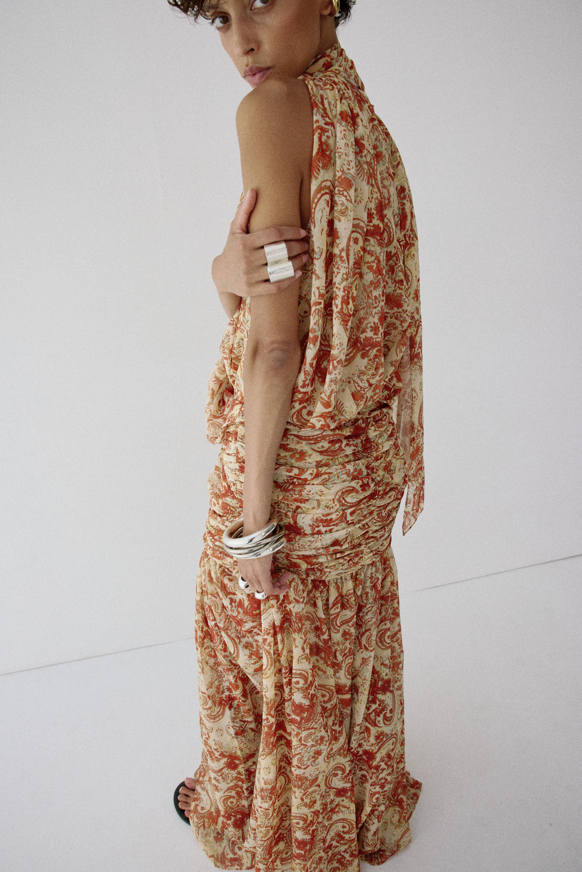 AZUL DRAPED NECKLINE DRESS IN CACHEMIRA - YELLOW CHIFFON