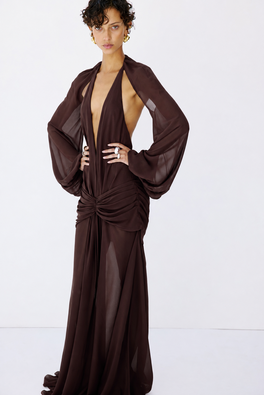 FIORELA MAXI DRESS IN UMBER BROWN CHIFFON