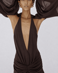 FIORELA MAXI DRESS IN UMBER BROWN CHIFFON - De La Vali
